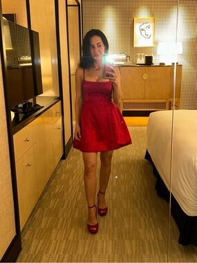 Red Embellished Mini Dress - Sleeveless Spaghetti Strap